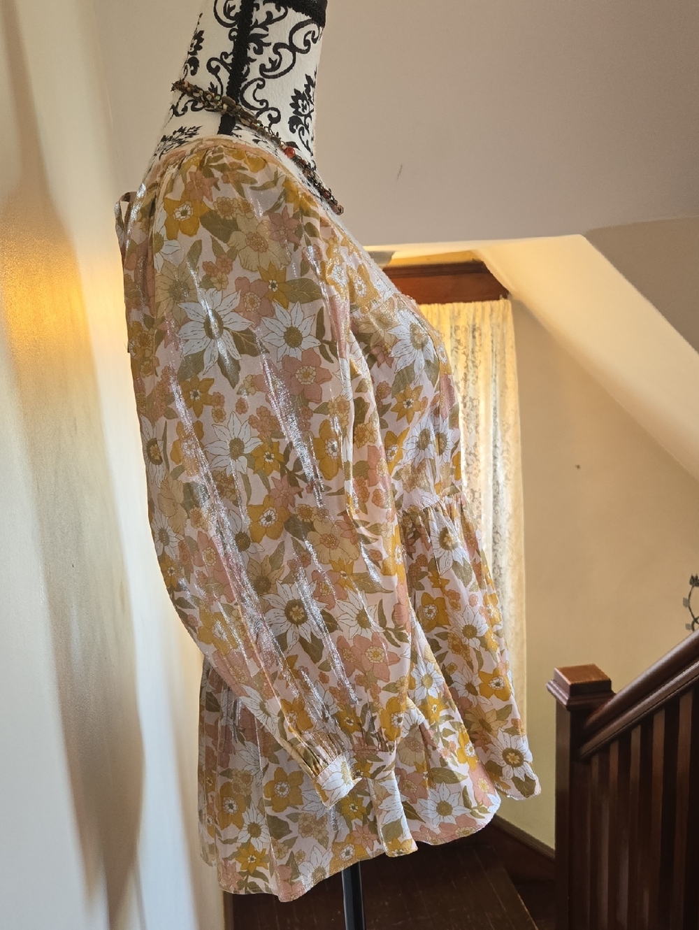 Altar'd State Floral Peasant Blouse in Mustard, Peach & Cream M - Picture 10 of 12